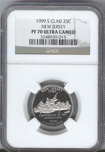 1999 S PROOF NEW JERSEY   CLAD State 25c   NGC PR70 UC  