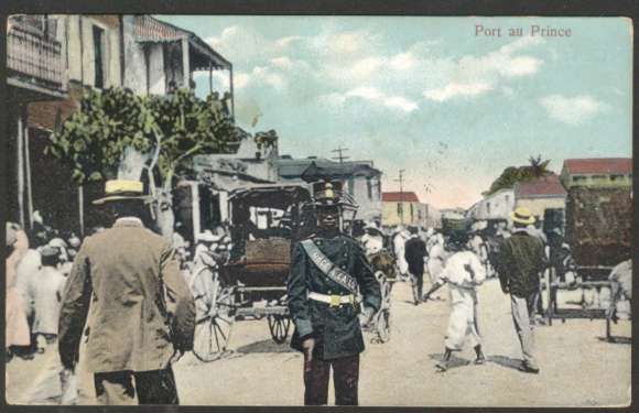 Haiti Postcard Port Au Prince, Policeman, Many People & Carts On 