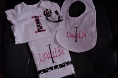 Monogrammed Baby Set Burp Cloth Bib Onesie Paci Clip  