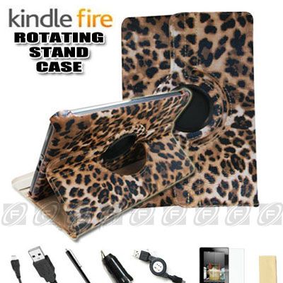 For Kindle Fire 360° Rotating Case Cover/Car Charger/USB Cable/Stylus 