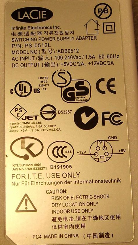 Lacie PS 0512L ADB0512 AC Adapter 12v DC / 5V DC  