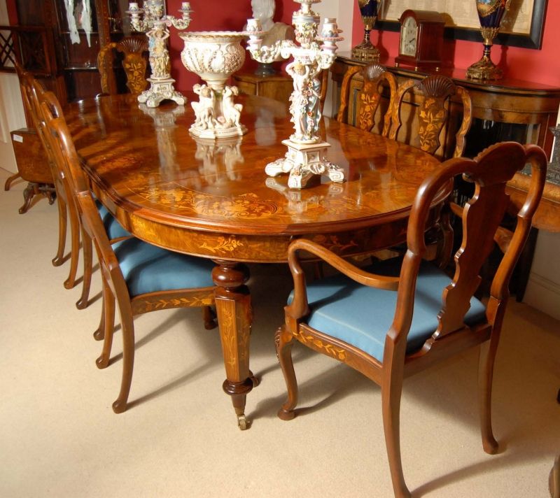 Ft Italian Marquetry Dining Table 8 Queen Anne Chair  