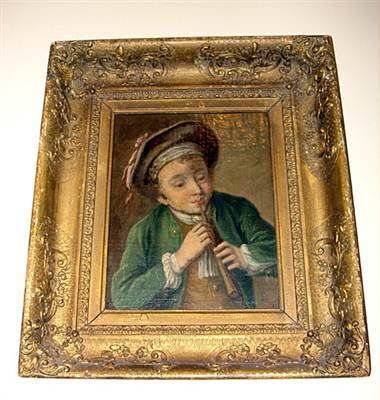 Superb Chardin School Oil Board Flute Player ca1790  