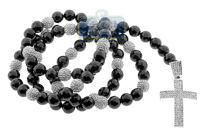 Stainless Steel Black Bead Crystal CZ Mens Rosary Chain Necklace 22 