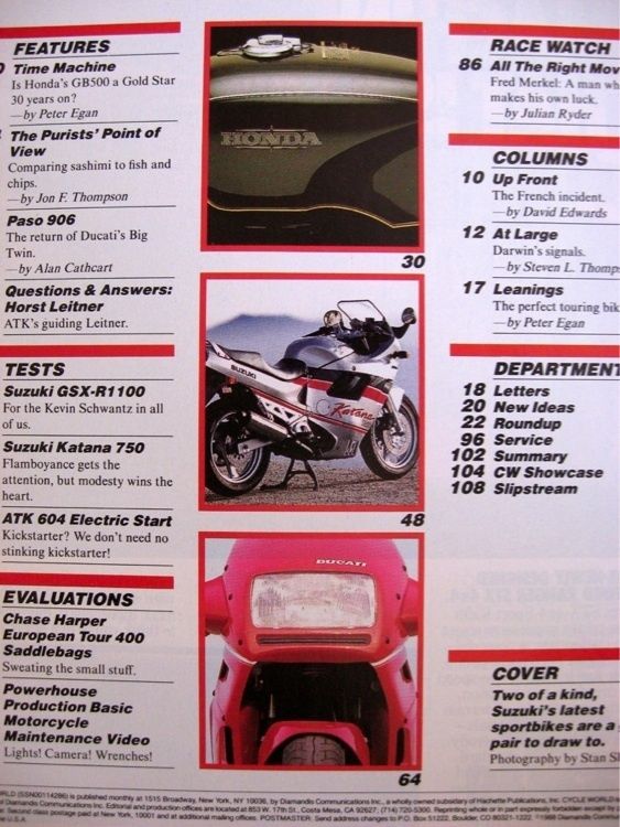 Cycle World 1989,GSX R 1100 GSXR,Katana,ATK,GB550,Paso  