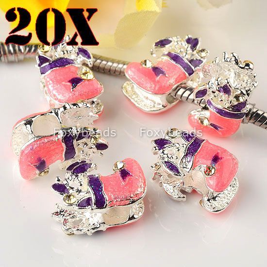 20P Pink Enamel Christmas Stocking European Beads Fit Bracelet Silver 