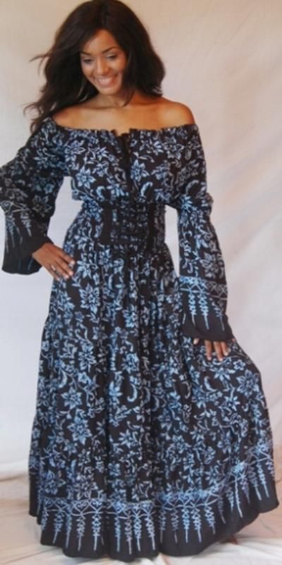 Y263A BLACK BLUE/DRESS PEASANT SMOCKED PLUS 2X 3X 4X MAXI BATIK BOHO 