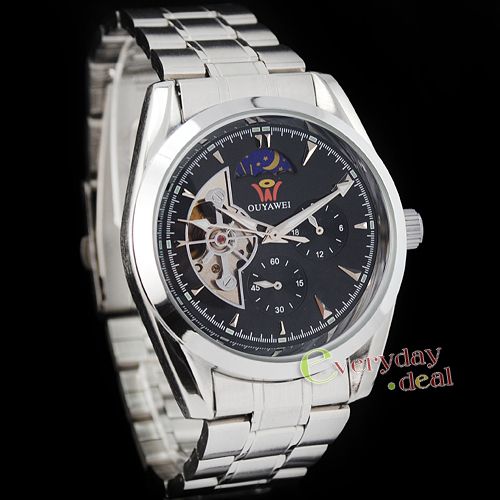 Mens Black Stainless Steel 3 Dial Automatic Day/Night Auto Mechanical 