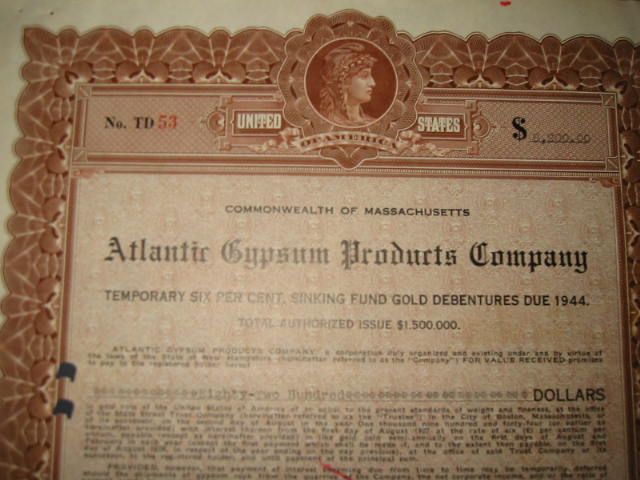 Old 1926 Atlantic GYPSUM Products Co. BOND Certificate  