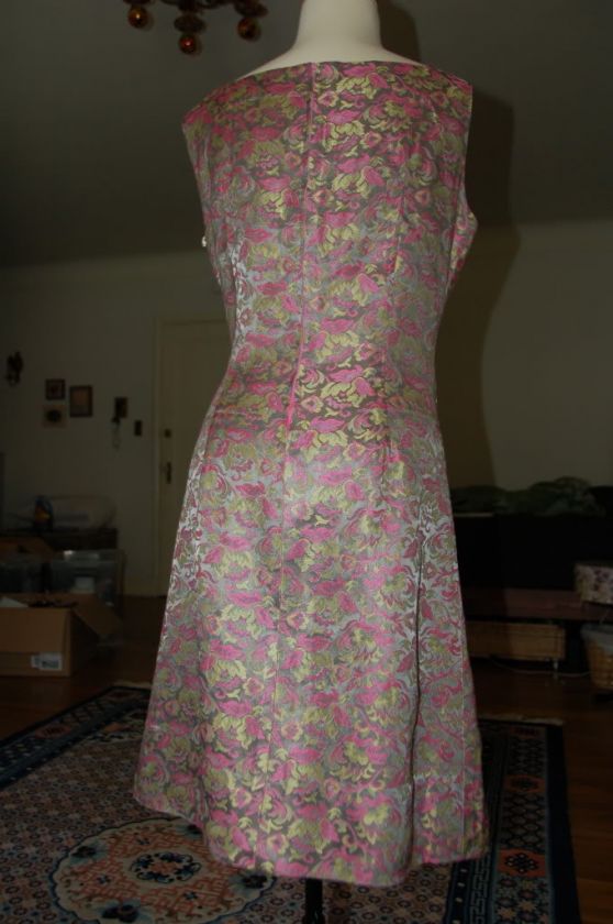 VTG 60s MAD MEN Baroque DAMASK Shiny Shift Wiggle Metal Zip COCKTAIL 