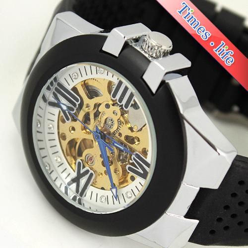   Mens Wrist Watch Automatic Golden Skeleton Crystal Rome Num Rubber New