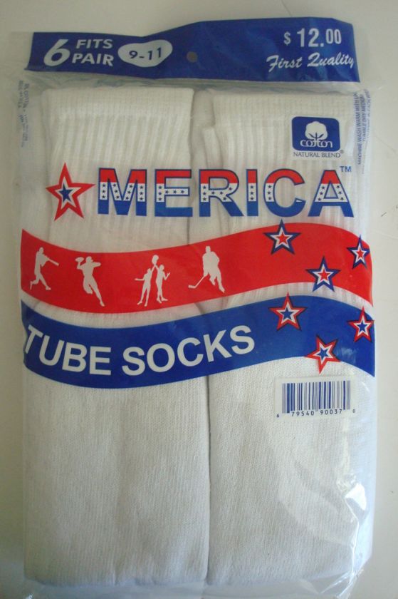 MENS COTTON ATHLETIC TUBE SOCKS 9 11 WHITE 6 PAIR  