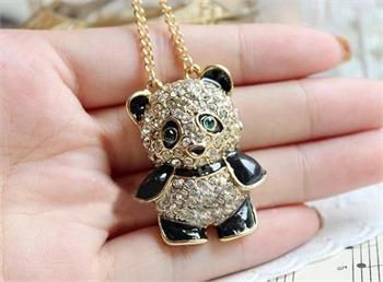 New Womens Fashion Rhinestone panda pendant Sweater chain Necklace 