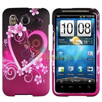 Purple Flower Heart Rubber Hard Case+Privacy LCD+Car Charger For HTC 