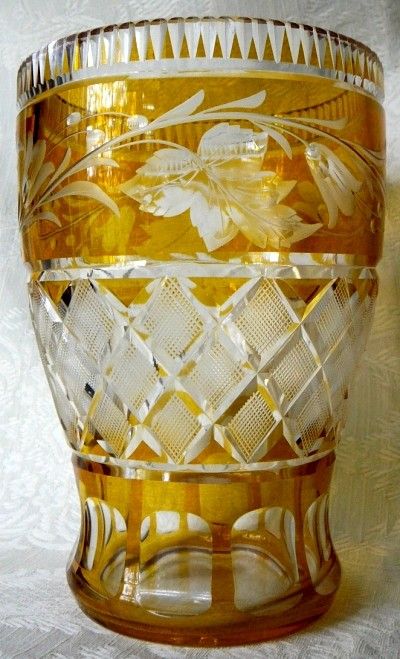 GORGEOUS ANTIQUE BOHEMIAN VASE CASED AMBER CUT TO CLEAR GLASS  