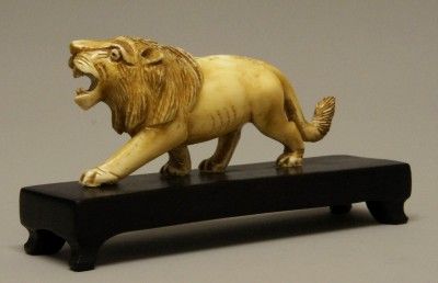 Antique 19th C Chinese Carved Ox Bone Lion Figure & Stand  