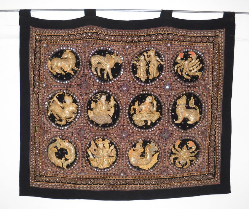   THAILAND HAND EMBROIDERY TEXTILE ZODIAC TAPESTRY WALL HANGING  