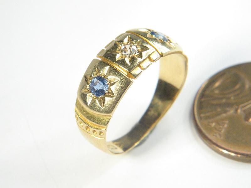 QUALITY ANTIQUE ENGLISH 18K GOLD SAPPHIRE DIAMOND RING  