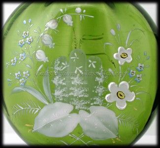 Antique Green Bohemian Art Glass Lily of the Valley Enameled Vases 