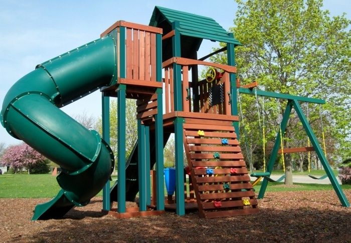 HUGE CEDAR SWINGSET + ROCKWALL, TWIST TUBE SLIDE & MORE  