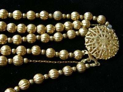 Vintage Triple Strand Gold Fluted Bead Bib Necklace  