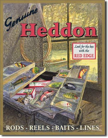 Heddons Fishing Tackle Box Lake House Rec Room Tin Sign  