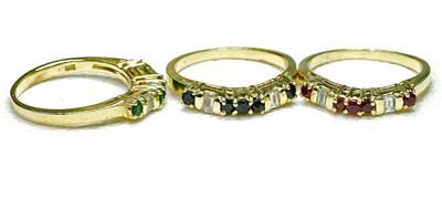 Vintage 14k yellow Gold & Diamond Ruby Sapphire Emerald 3 band Set 