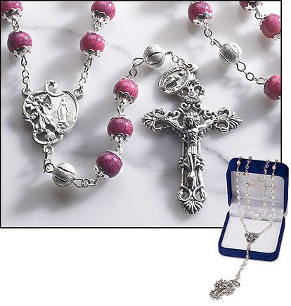 CATHOLIC PINK MARBLE ROSARY BEAUTIFUL CENTER GIFT BOX STUNNING 