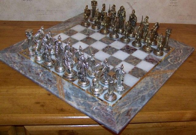 16 Square Marble Board Ancient Greek Metal Figures Chess Set  