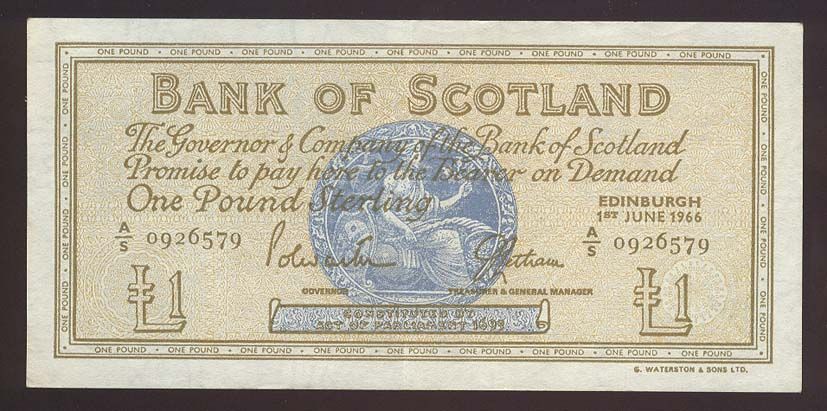 SCOTLAND RARE BRITISH ADMINISTRATION 1 POUND 1966 NOTE  