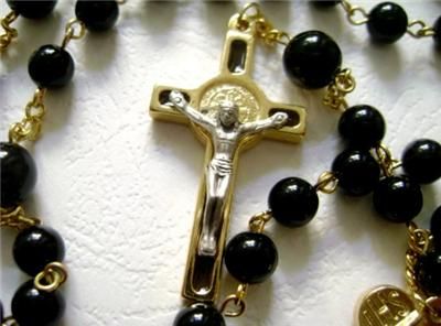 Gold black Carnelian Agate ROSARY & St.Benedict Cross  