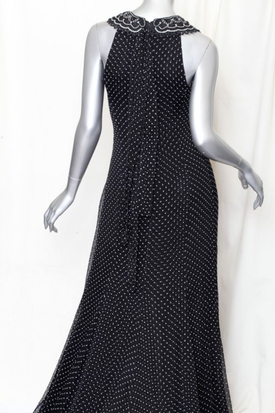 CAROLINA HERRERA Black BEADED SILK CHIFFON Dotted Polka Dot Maxi Gown 