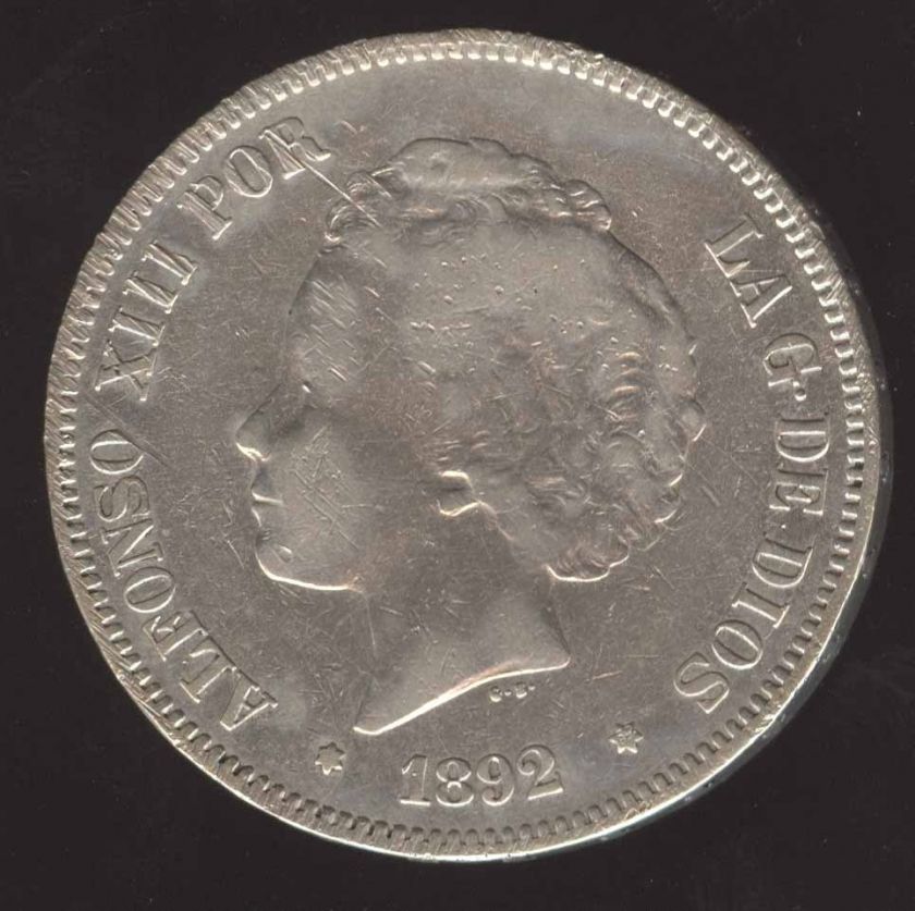 SPAIN BEAUTIFUL 5 PESETAS DURO BIG SILVER COIN 1892 ★★  