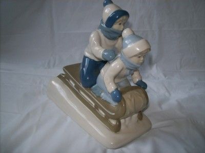 Kids Sledding Figurine Mexico Porcelana De Cuernavaca  