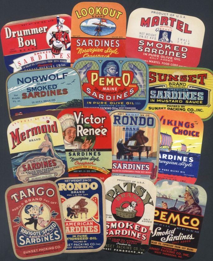 Original* LOT of 14 DIFF SARDINE LABELS Pembroke Maine SUNSET PACKING 