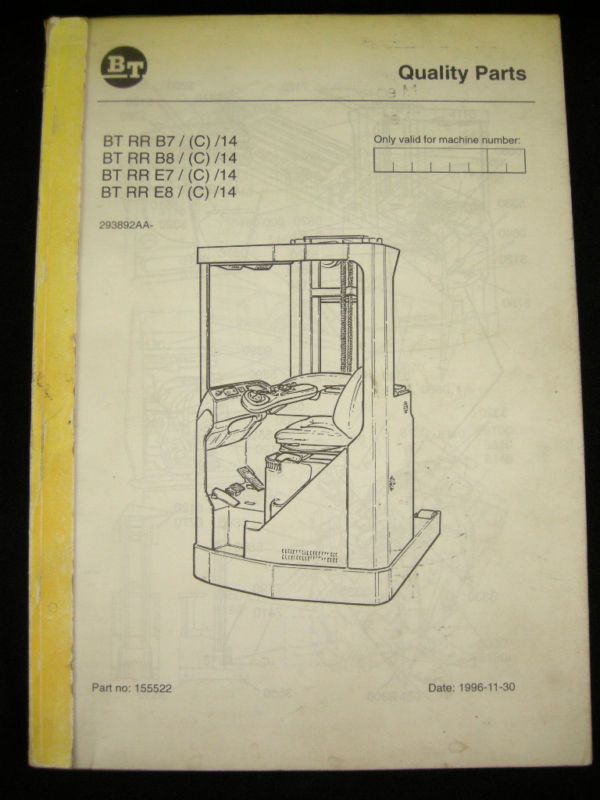 BT Reach Truck Forklift Parts Manual RRB7 14 to RRE8 14  