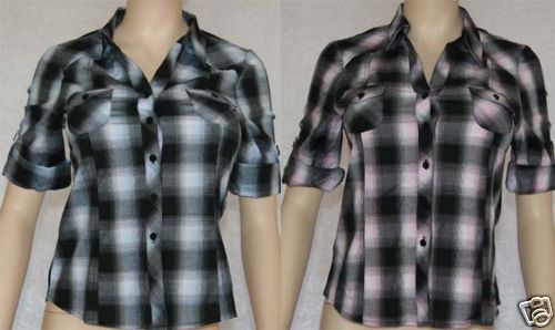 New 3/4 tab sleeve plaid checker top button up down  