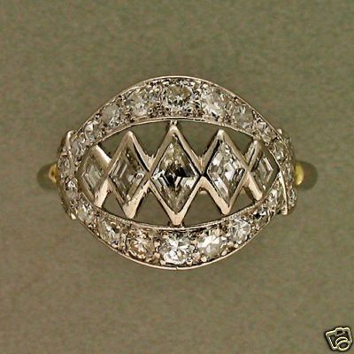   DECO 1940s KITE SHAPED & ROUND BEAD DIAMOND SOLID PLATINUM DOME RING