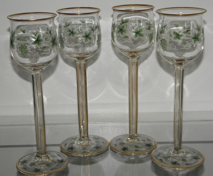 Rare Antique Baccarat Crystal Enamel Hock Wine Stem Set  