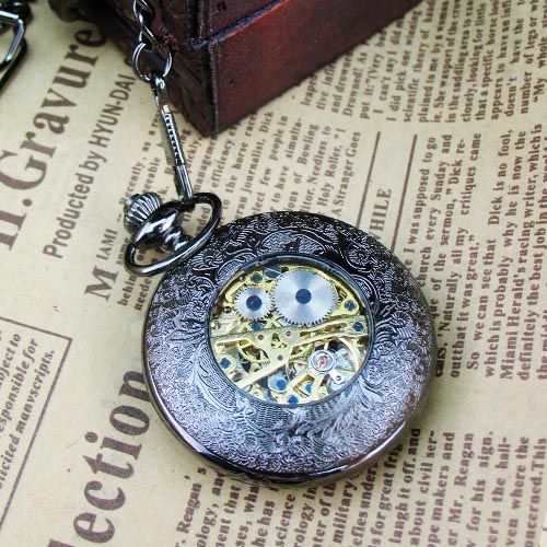 Steampunk Hollow Black Hand Winding Skeleton Men Unisex Mechanical 