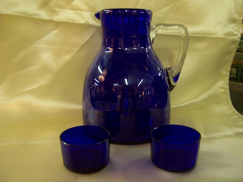 Jean Beck Cobalt Glass Pitcher w/2 Cups c. 1920s Ger.  