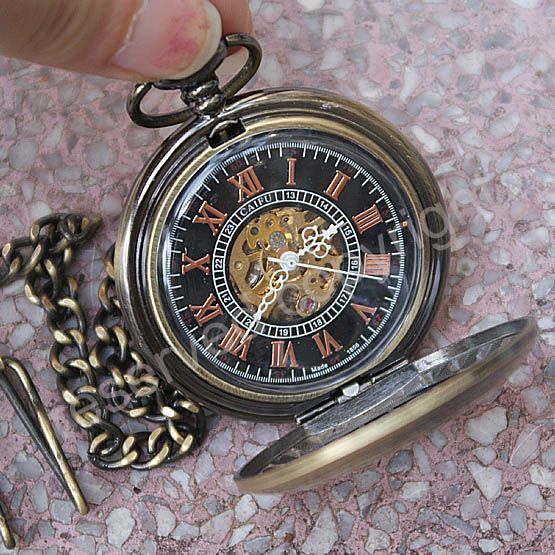 Black Dial Mechanical Skeleton Wind Up Pocket Watch NR  