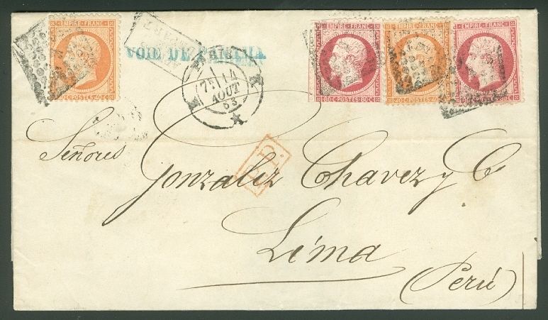 EGYPT  Beautiful 1863 Folded Letter to Peru from Egypt via Panama 