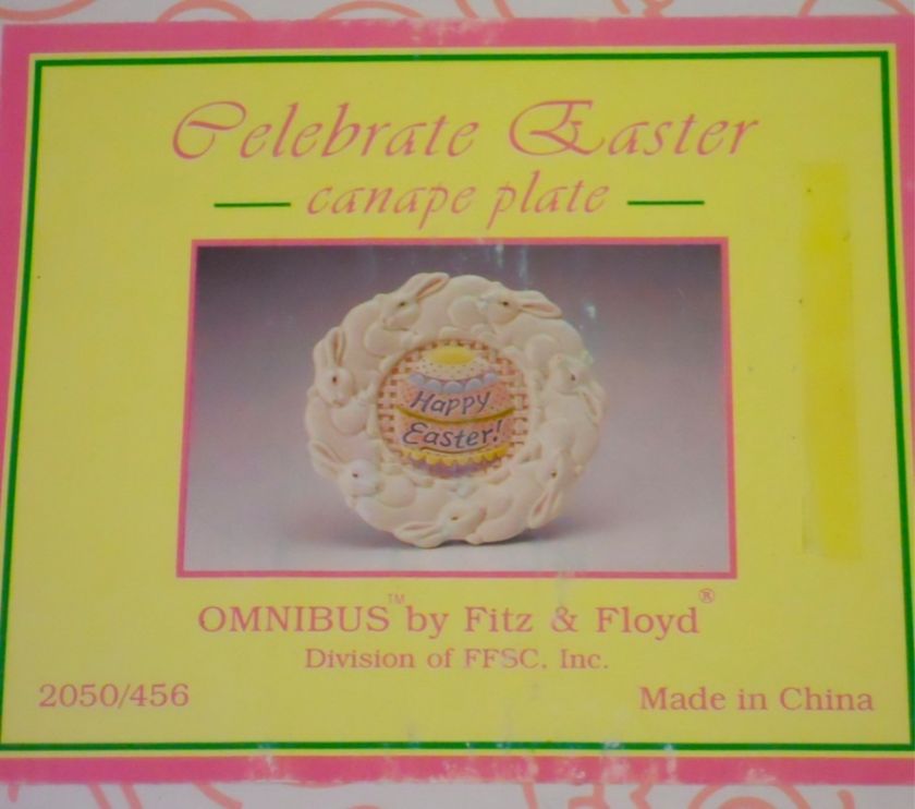   Omnibus HAPPY EASTER Bunnies Rabbits Egg Canape Plate, Box & Stand