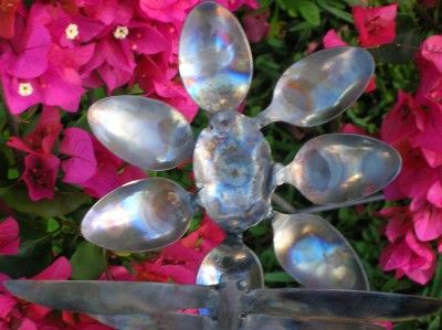   METAL DRAGONFLY & FLOWER YARD ART  WELDED FROM EATING UTENSILS  