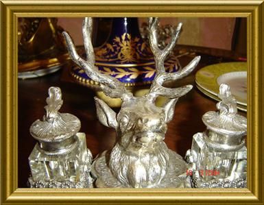 ANTIQUE FRENCH SILVER ANTLER,DEER DOUBLE INKWELL V.RARE  
