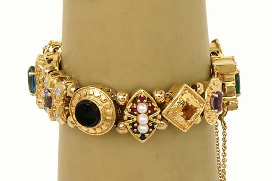 BREATHTAKING 14K GOLD, GEMS & DIAMONDS LADIES SLIDE CHARM BRACELET W 