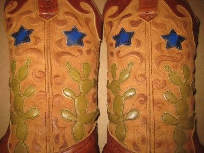   Leather Star Cactus Inlay Alamo Cowboy Boots Women 7.5 M Unique  
