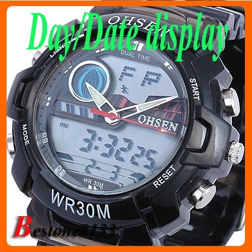 OHSEN Digital Analog Display Sport Wrist Watch Black  