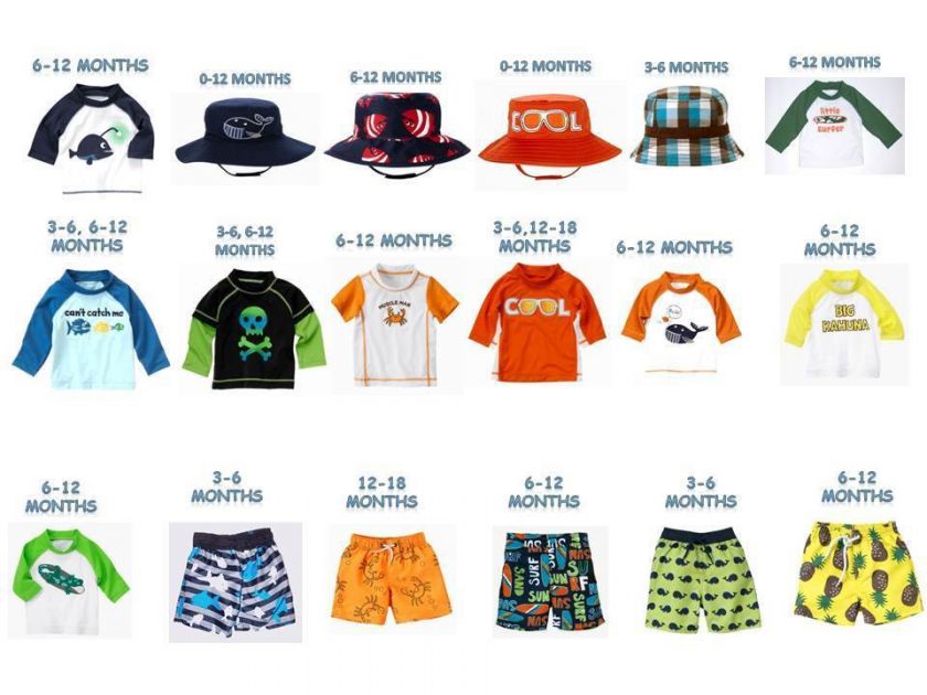   12, 0 12, 12 18 months swim trunks, rash guard, hat NWTS  